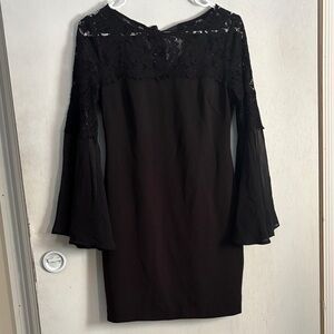 Eliza J Black Lace Yoke Bell Sleeve Shift Dress